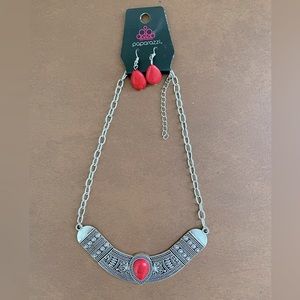 Paparazzi statement necklace and drop earrings set silver tone and red stone NWT